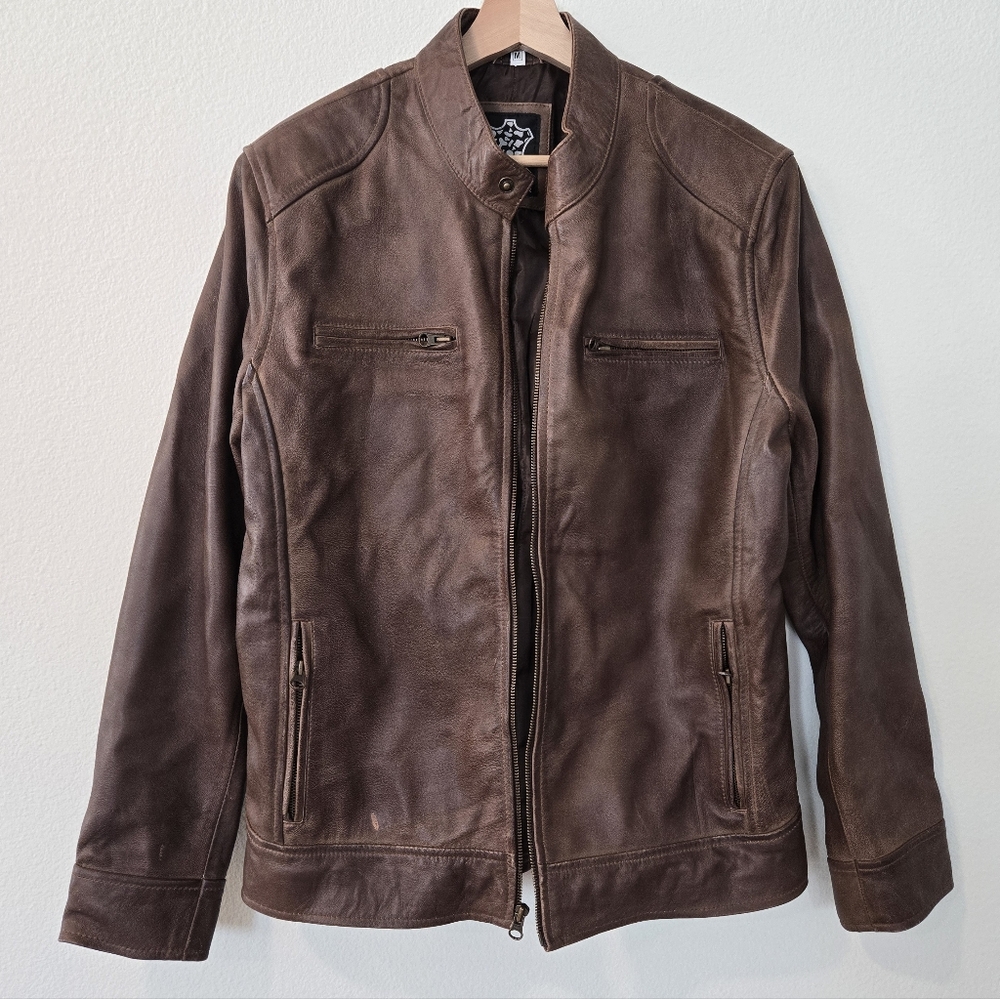 Men's Aviator Biker Brown‎ Leather Jacket Size Medium Unisex